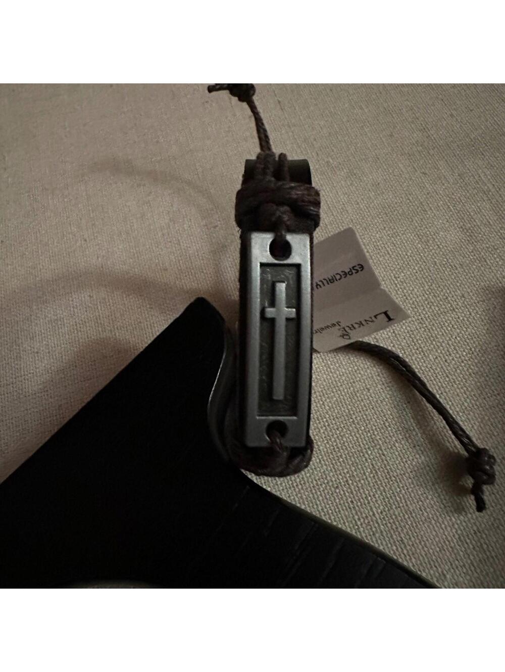 Soft leather bracelet with adjustable leather ties and silver cross NWT